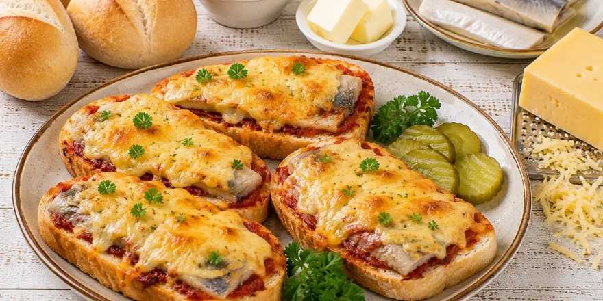 Goldbraun überbackene Weißbrotscheiben mit Hering, Tomatenmark und Käse.