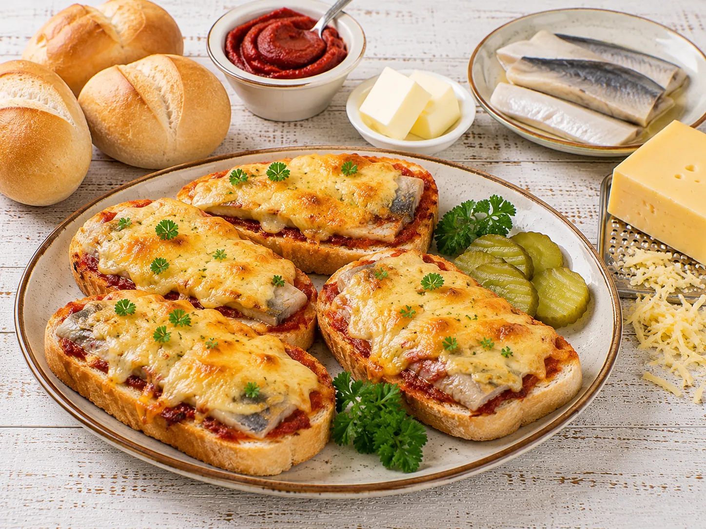 Goldbraun überbackene Weißbrotscheiben mit Hering, Tomatenmark und Käse.