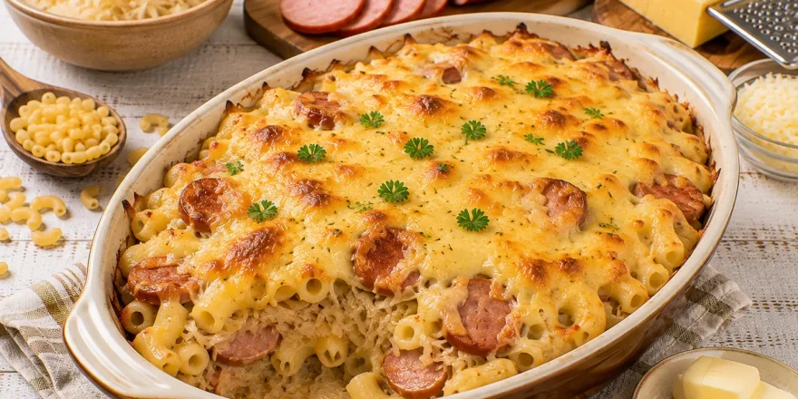 Goldbraun überbackener Makkaroni-Auflauf mit Sauerkraut und Käse.