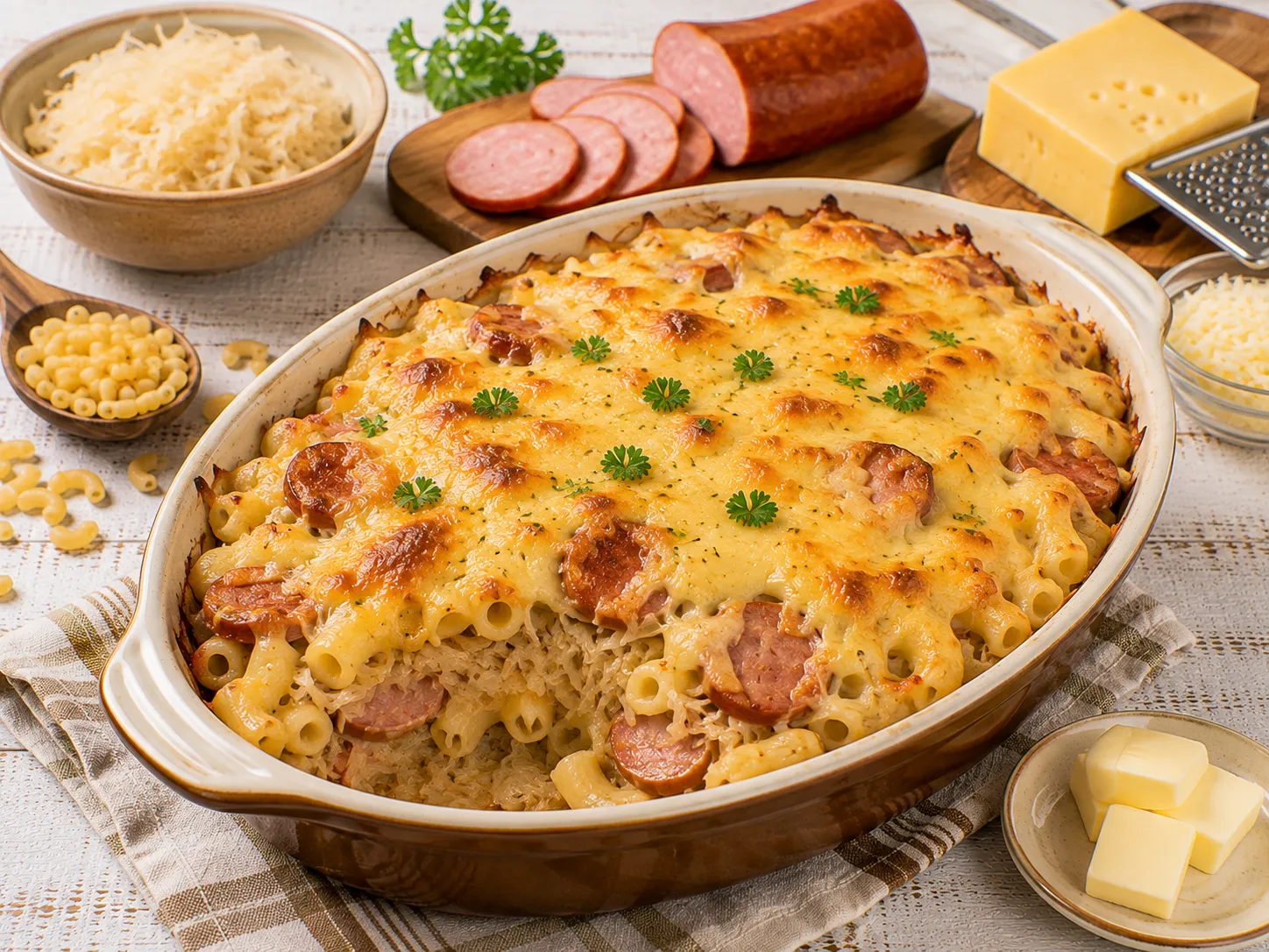 Goldbraun überbackener Makkaroni-Auflauf mit Sauerkraut und Käse.