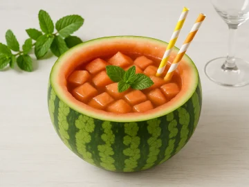 Aufgeschnittene Melone mit fruchtigem Drink aus Melonenwürfeln, Rum und Sekt, dekoriert mit Minze und Trinkhalmen