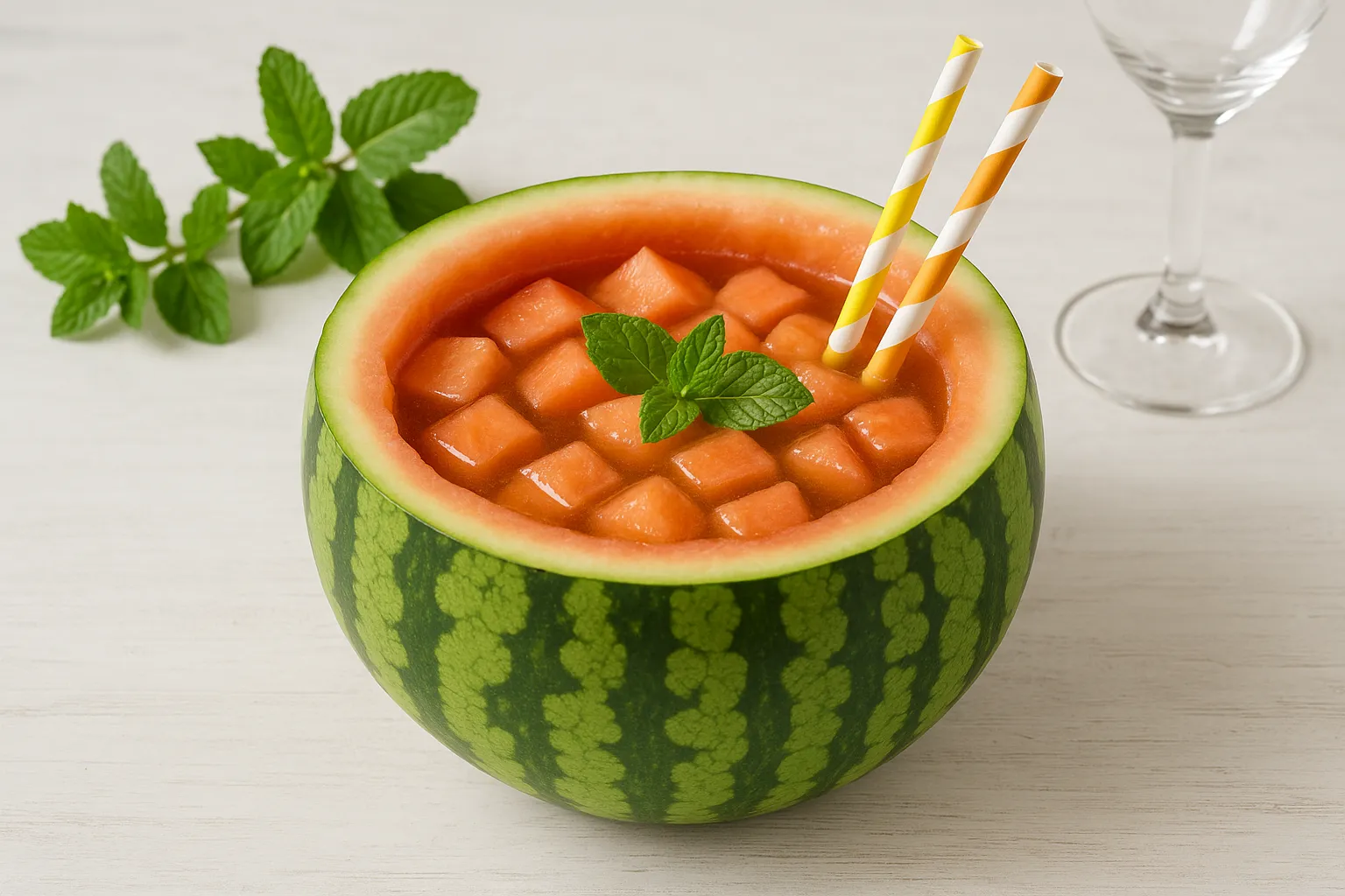 Aufgeschnittene Melone mit fruchtigem Drink aus Melonenwürfeln, Rum und Sekt, dekoriert mit Minze und Trinkhalmen