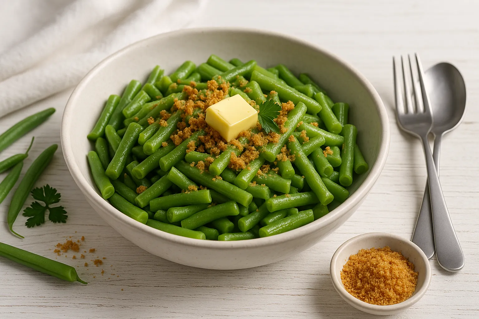 Schnittbohnen mit goldbraunen Semmelbröseln und Butter, serviert in einer weißen Schüssel auf weißem Holzhintergrund, dekoriert mit frischen Bohnen.