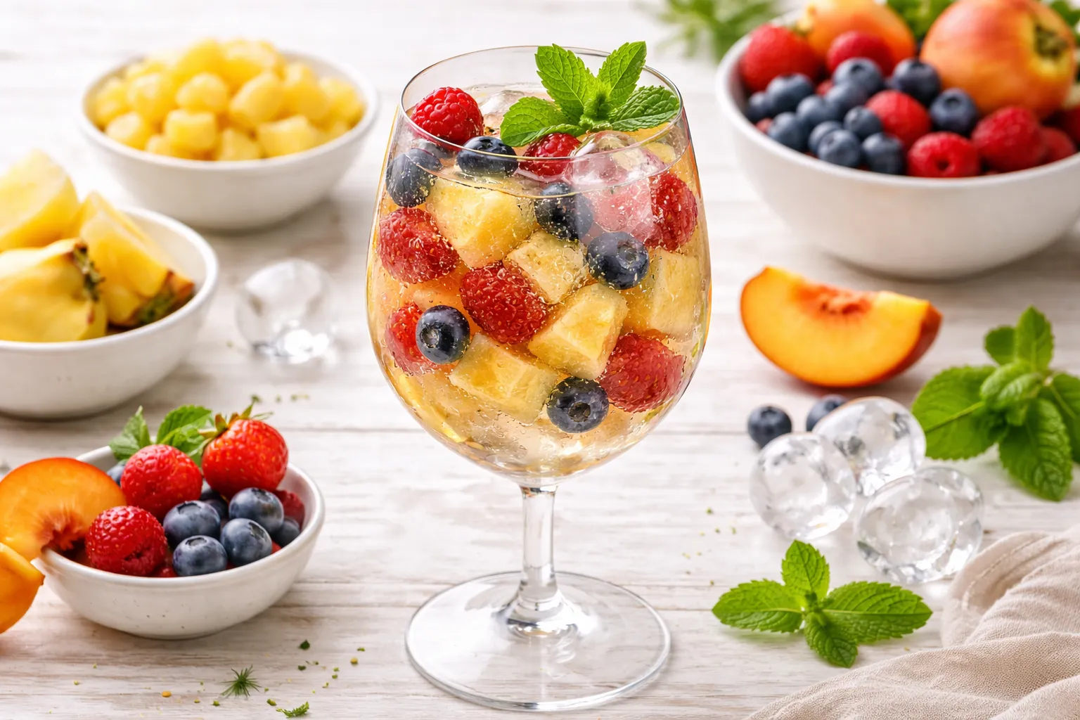 Glas Sektbowle auf weißem Holzhintergrund mit sichtbarer Maserung, Beeren, Pfirsich und Ananas, modernes Besteck und helle Dekoration, kein Zwiebelmuster, ohne Matroschkas