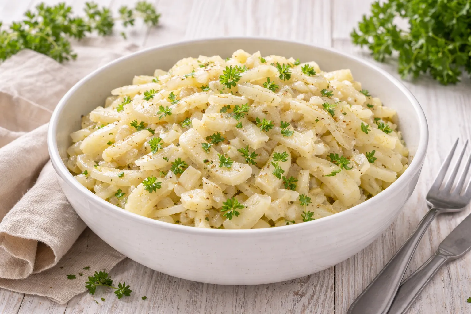 Schüssel mit mariniertem Selleriesalat auf weißem Holztisch mit Besteck