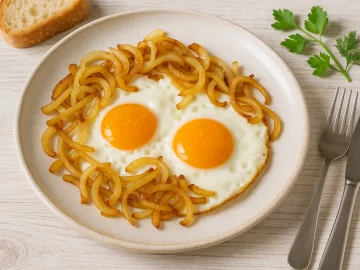 Spiegelei mit goldbraun gebratenen Zwiebeln auf weißem, rustikalem Teller. Der Teller steht auf einem hellen Holztisch mit sichtbarer Maserung, modernes Besteck und frische Kräuter dekorativ am Rand.
