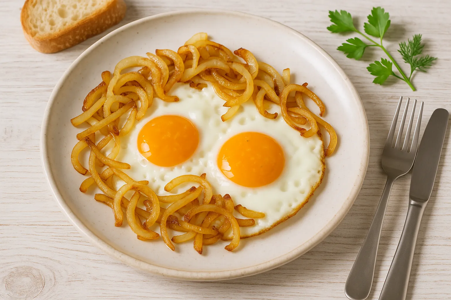  Spiegelei mit goldbraun gebratenen Zwiebeln auf weißem, rustikalem Teller. Der Teller steht auf einem hellen Holztisch mit sichtbarer Maserung, modernes Besteck und frische Kräuter dekorativ am Rand.