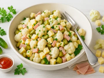 Straßburger Käseschüssel mit Käse, Schinken, Blumenkohl und Gurkenwürfeln in einer weißen Schüssel, dekoriert mit Petersilie.