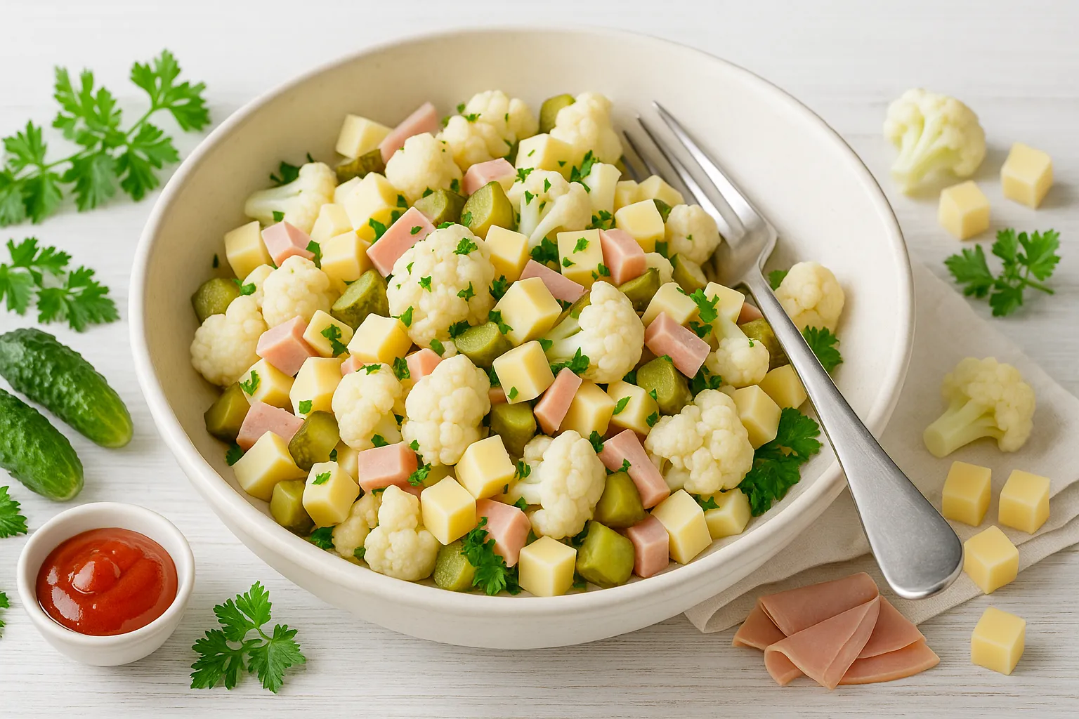 Straßburger Käseschüssel mit Käse, Schinken, Blumenkohl und Gurkenwürfeln in einer weißen Schüssel, dekoriert mit Petersilie.