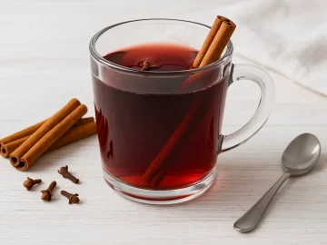 Glas mit Tee und Rotwein, serviert mit Zimtstange und Nelke, auf hellem Holztisch