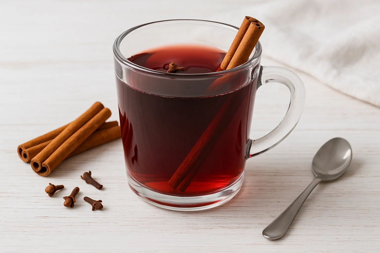 Glas mit Tee und Rotwein, serviert mit Zimtstange und Nelke, auf hellem Holztisch