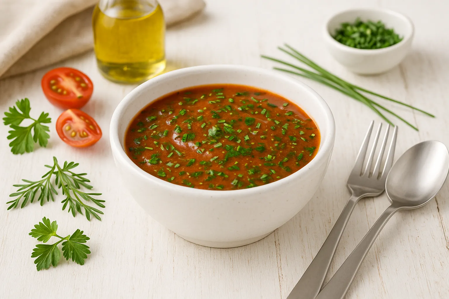  Frische Tomaten-Kräuter-Soße im weißen Keramikschälchen auf weißem Holztisch mit Holzmaserung, umgeben von Kräutern, Tomaten, modernem Besteck und dekorativer Garnitur im hellen, freundlichen Stil.