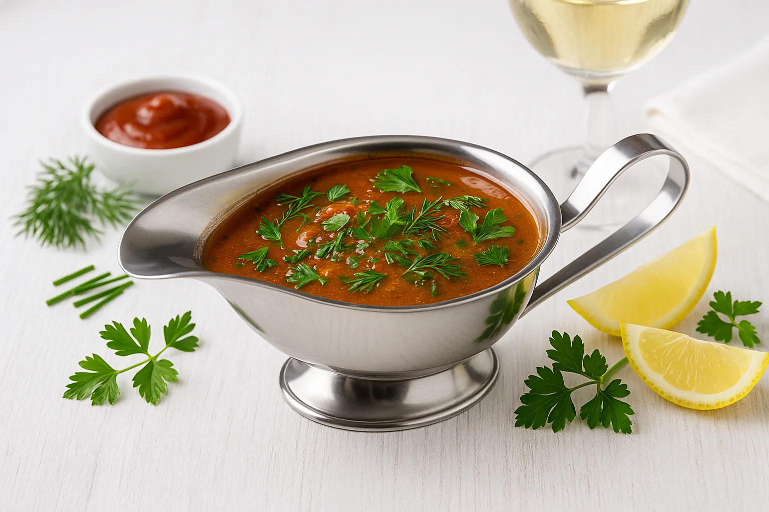 Tomaten-Kräuter-Soße mit Weißwein in einer Edelstahl-Sauciere, dekoriert mit frischen Kräutern, auf weißem Holzhintergrund.