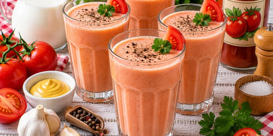 Cremiger Tomaten-Milch-Shake in einem hohen Glas.