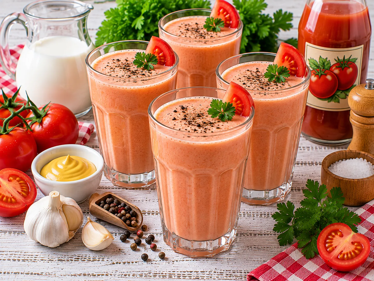 Cremiger Tomaten-Milch-Shake in einem hohen Glas.