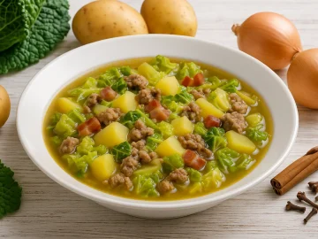 Tiefe Schüssel mit Wirsingeintopf, Hackfleisch, Kartoffeln und Speck auf weißem Holztisch