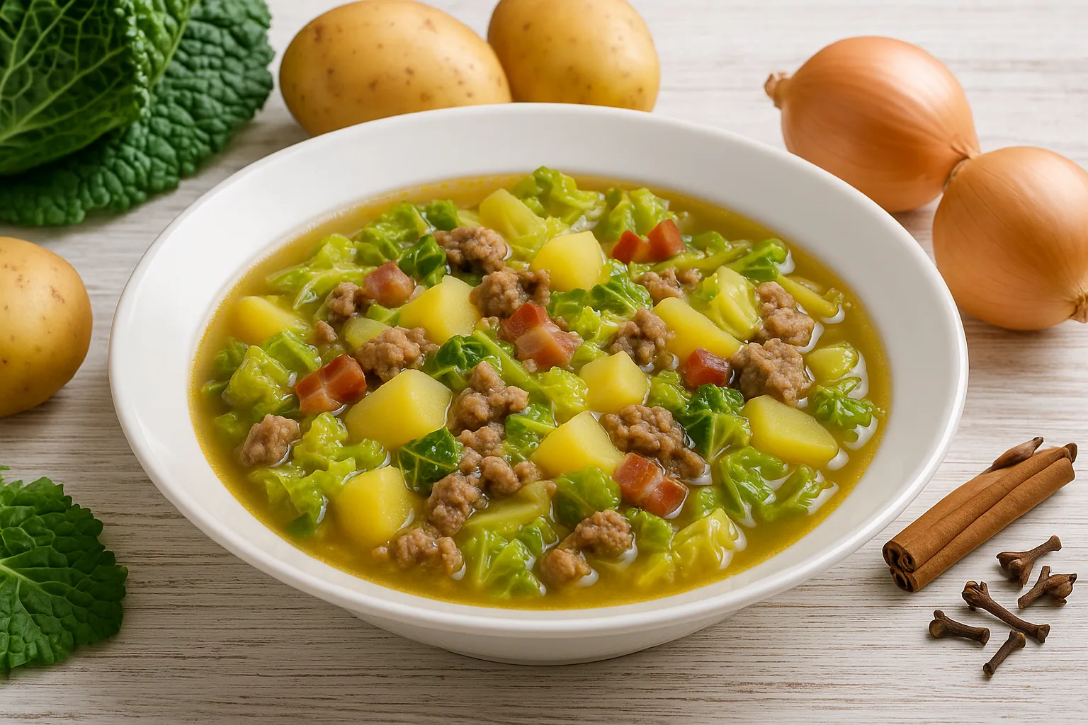  Tiefe Schüssel mit Wirsingeintopf, Hackfleisch, Kartoffeln und Speck auf weißem Holztisch