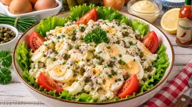 Cremiger Eiersalat mit Gewürzgurken, Kapern und Schnittlauch.