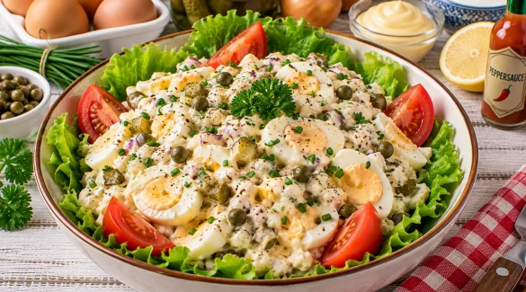 Cremiger Eiersalat mit Gewürzgurken, Kapern und Schnittlauch.