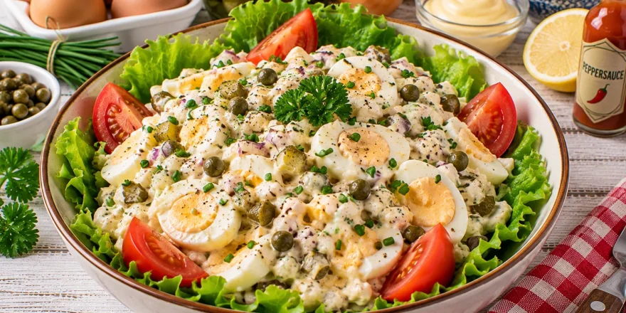 Cremiger Eiersalat mit Gewürzgurken, Kapern und Schnittlauch.