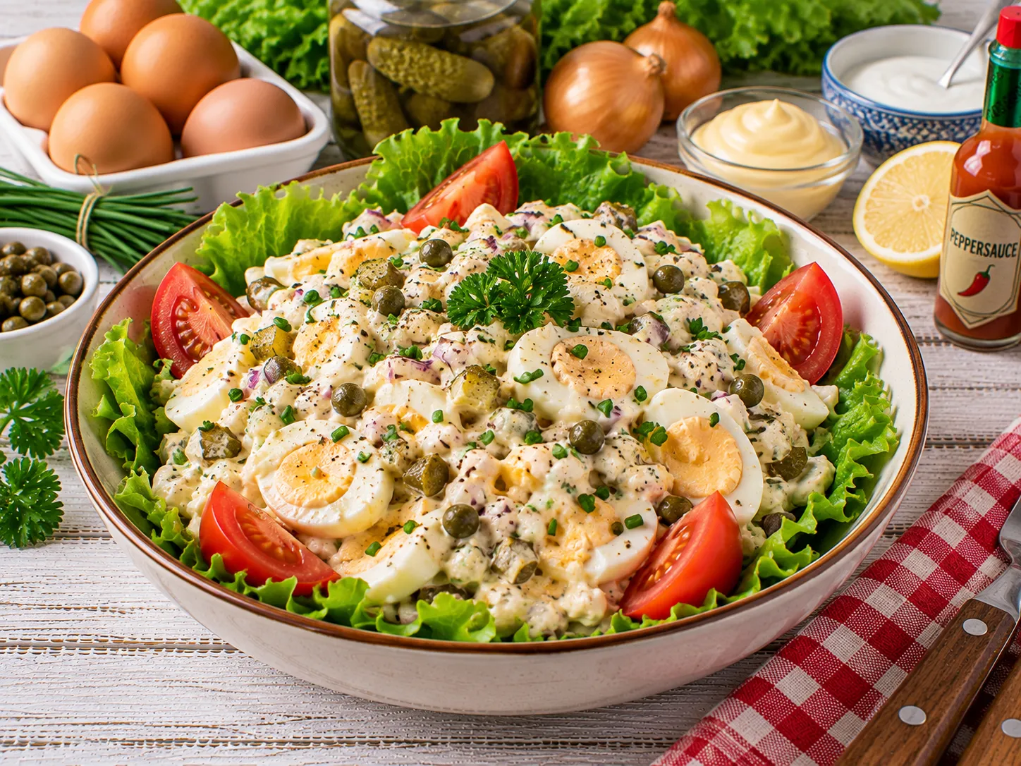 Cremiger Eiersalat mit Gewürzgurken, Kapern und Schnittlauch.