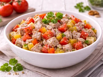 Weiße Schale mit Wurstsalat aus Sülzwurstwürfeln, Tomaten, Paprika und Zwiebeln auf weißem Holzhintergrund mit sichtbarer Maserung