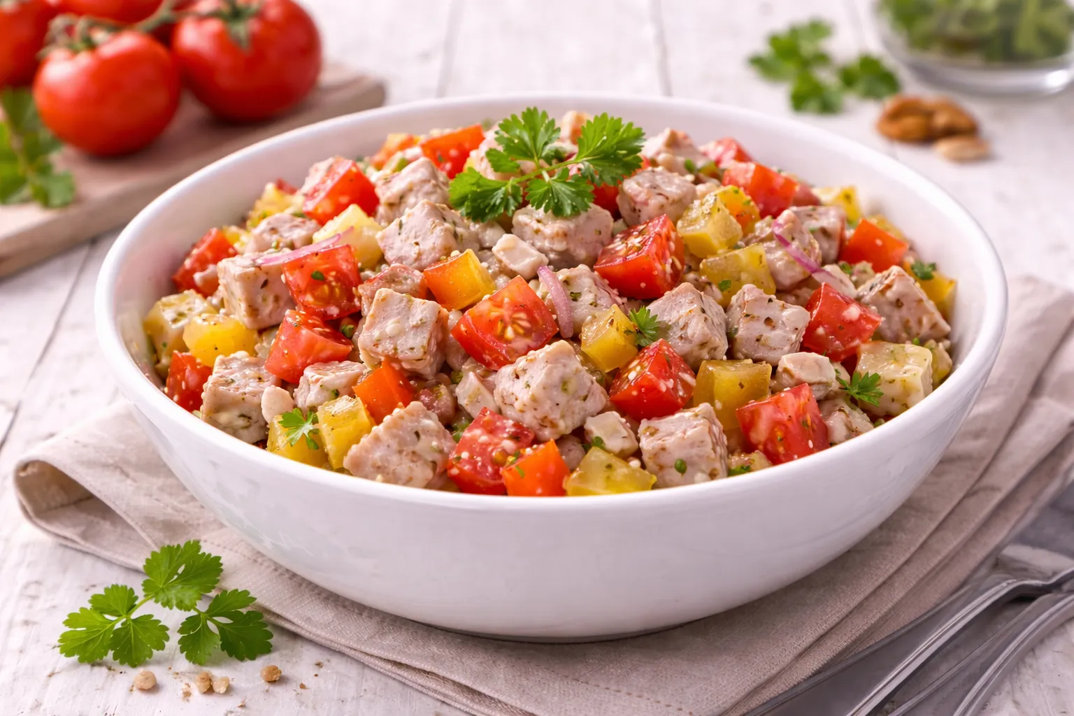 Weiße Schale mit Wurstsalat aus Sülzwurstwürfeln, Tomaten, Paprika und Zwiebeln auf weißem Holzhintergrund mit sichtbarer Maserung