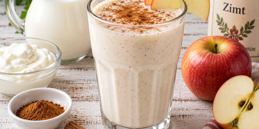 Cremige Zimtmilch mit Apfelscheiben in einem hohen Glas.
