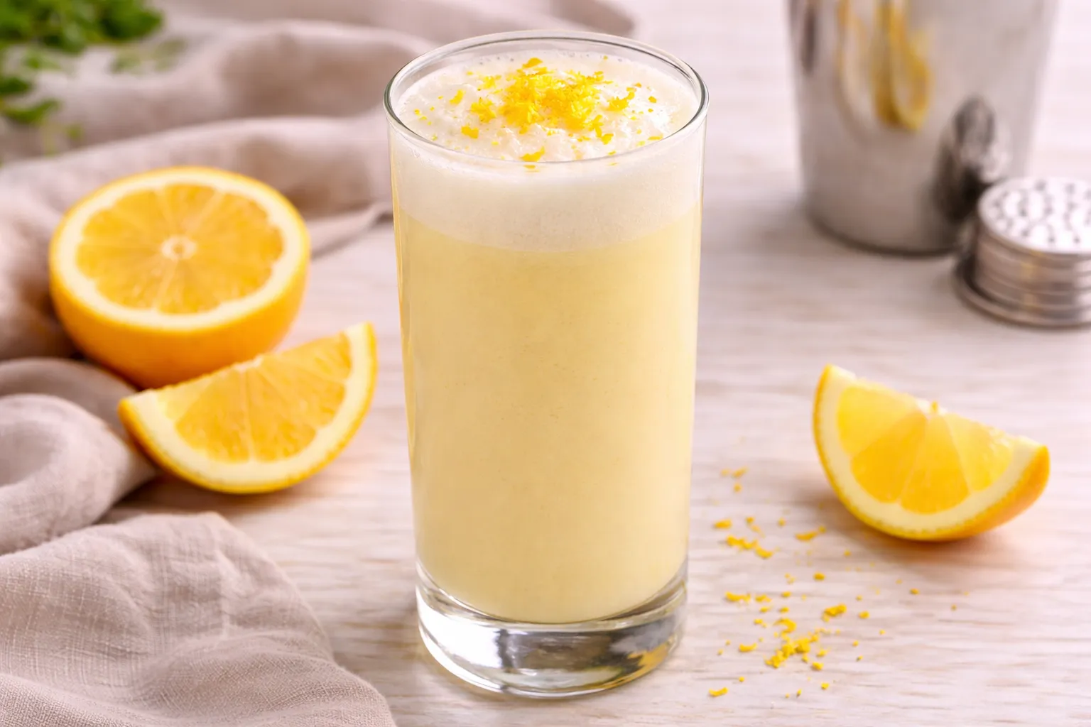 Zitronenflip mit Eigelb, Sahne und Weißwein in hohem Glas, garniert mit Zitronenschale auf hellem Holztisch.