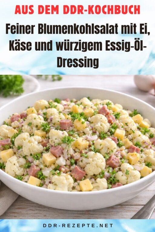 Feiner Blumenkohlsalat mit Ei, Käse und würzigem Essig-Öl-Dressing