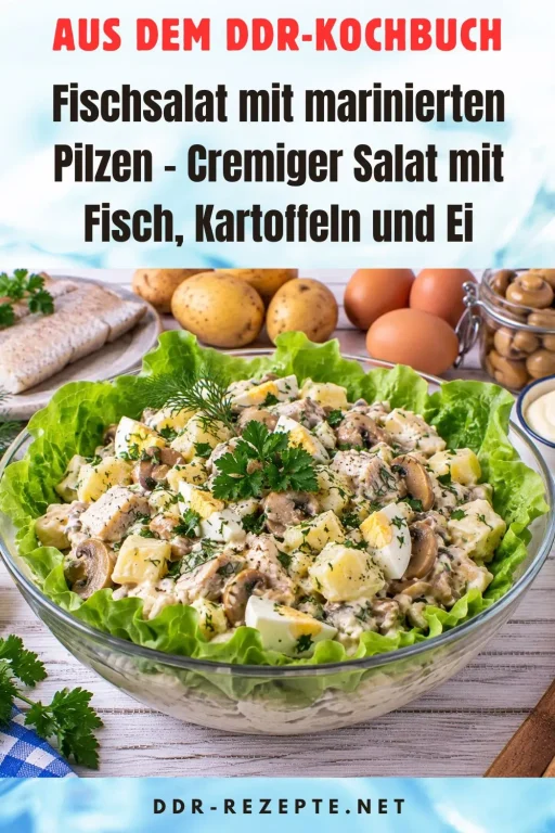 Fischsalat mit marinierten Pilzen – Cremiger Salat mit Fisch, Kartoffeln und Ei