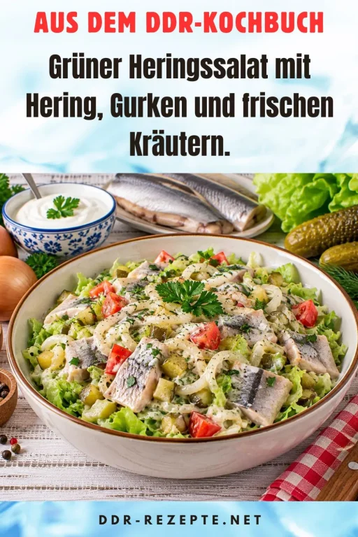 Grüner Heringssalat mit Hering, Gurken und frischen Kräutern.