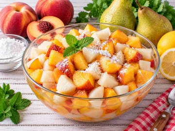 Frischer Obstsalat mit Pfirsichen und Birnen.