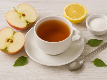 Apfeltee in einer weißen Tasse mit Apfelhälften, Zitrone und Zucker auf hellem Holzhintergrund