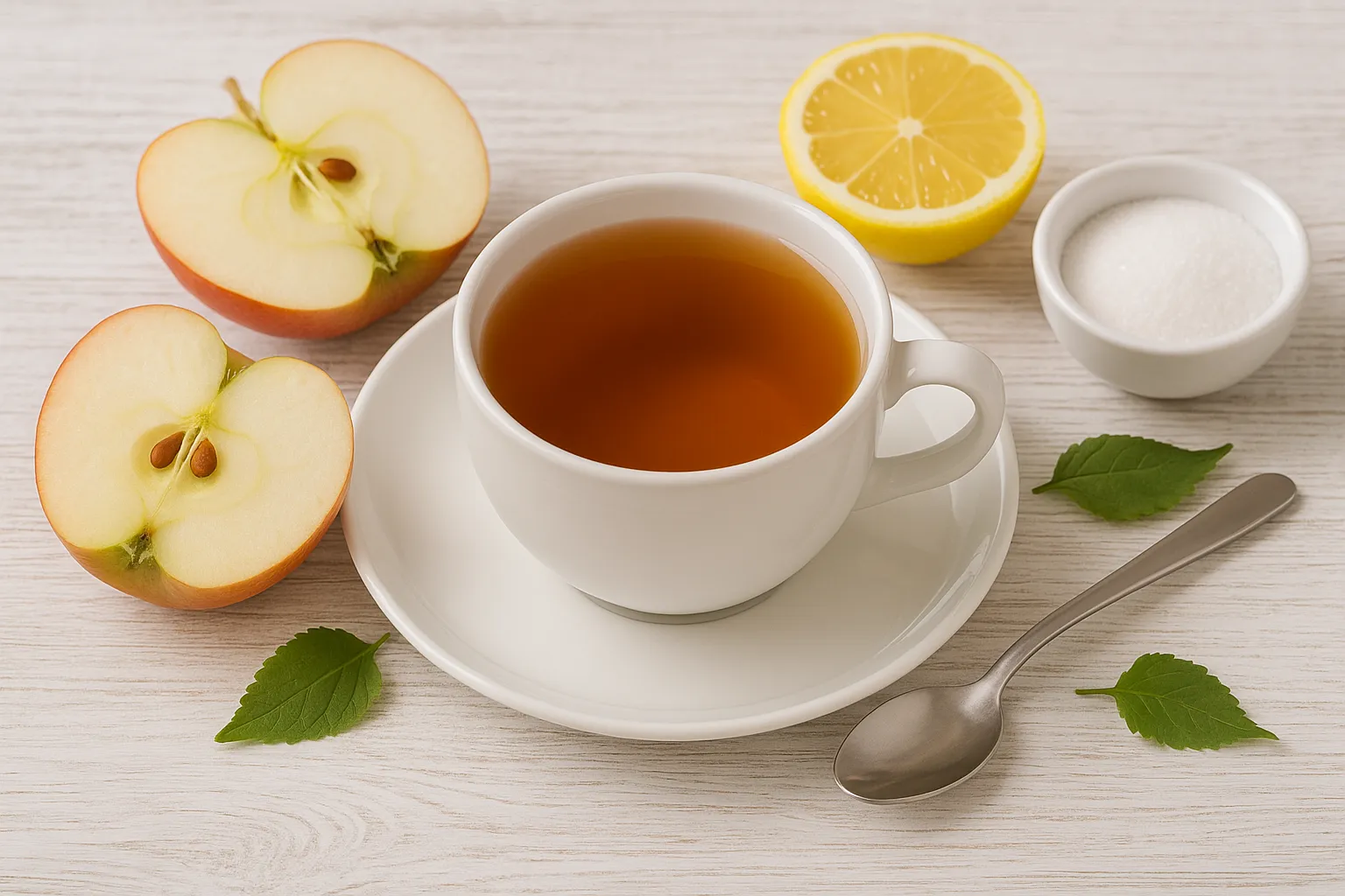  Apfeltee in einer weißen Tasse mit Apfelhälften, Zitrone und Zucker auf hellem Holzhintergrund