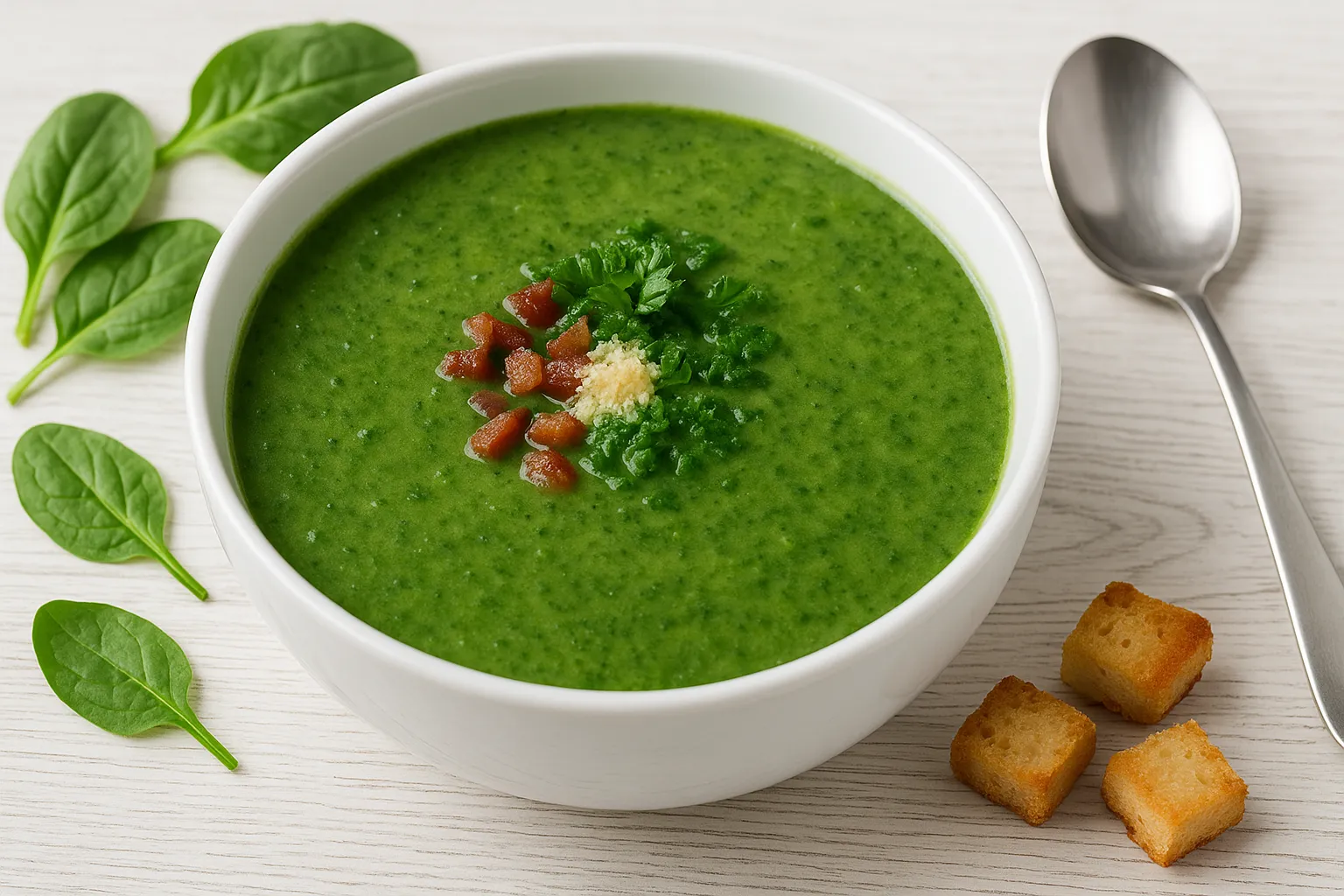 Weiße Suppenschüssel mit kräftig grüner Berliner Spinatsuppe, Speckwürfeln, Reibekäse und Spinat, daneben geröstete Semmelbröckchen