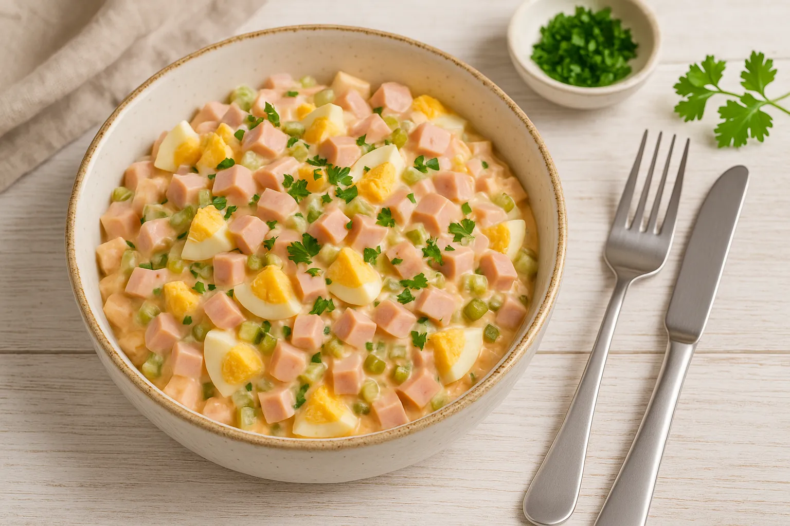 Rustikale weiße DDR-Keramikschüssel gefüllt mit Eiersalat aus Fleischwurst, Ei, Gurken und cremiger Sauce, dekoriert mit frischer Petersilie. Weißer Holzhintergrund mit deutlicher Holzmaserung und moderne Besteckgarnitur daneben.