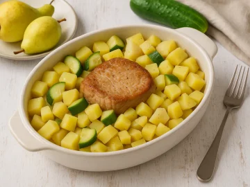 Teller mit Eintopf aus Schweinefleisch, Gurken, Birnen und Kartoffeln in heller Brühe, serviert auf hellem Holztisch.