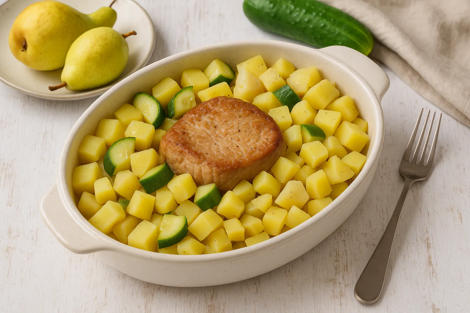 Teller mit Eintopf aus Schweinefleisch, Gurken, Birnen und Kartoffeln in heller Brühe, serviert auf hellem Holztisch.