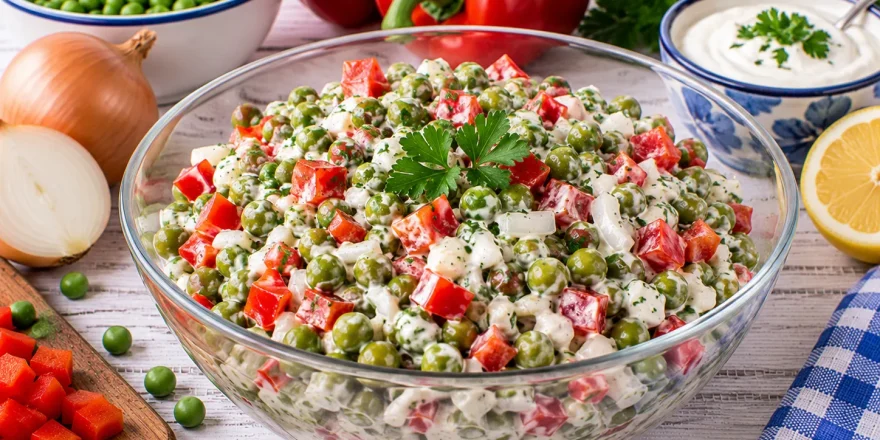 Frischer Erbsen-Paprika-Salat mit Kräutern.