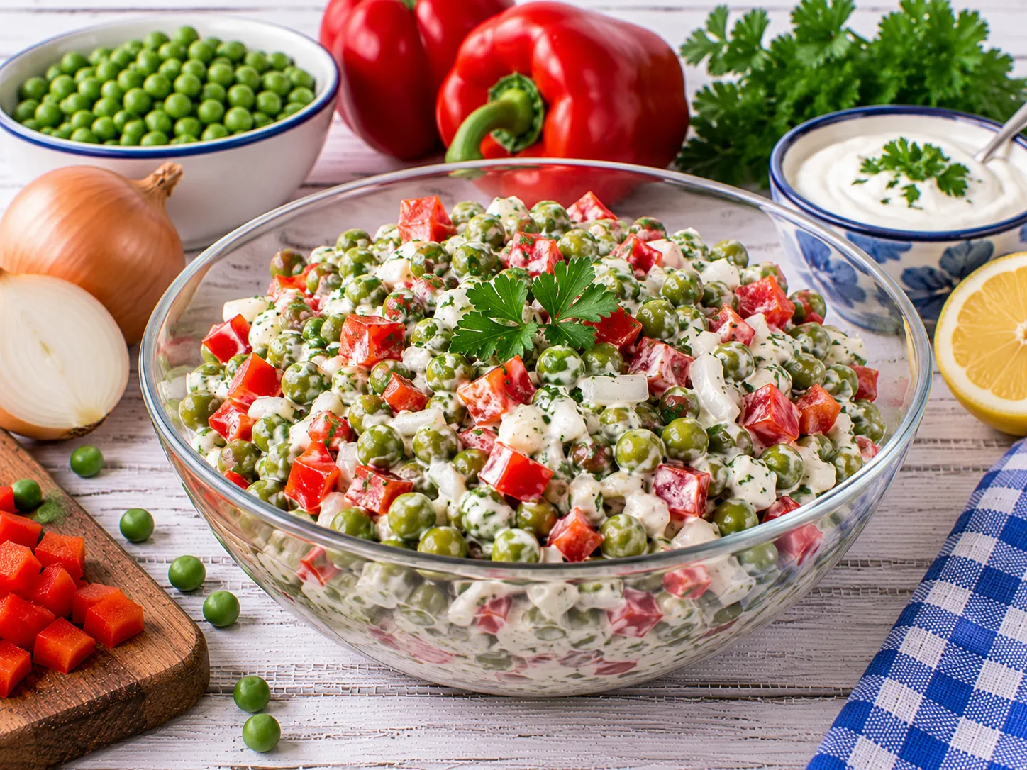 Frischer Erbsen-Paprika-Salat mit Kräutern.