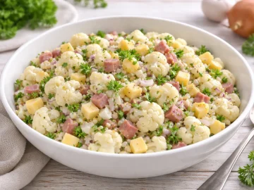 Blumenkohlsalat mit Ei, Käsewürfeln, Zwiebeln und Petersilie in einer weißen Salatschüssel auf hellem Holztisch