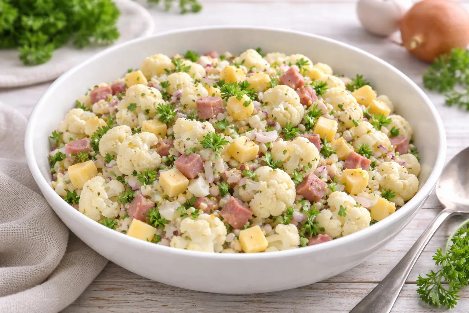 Blumenkohlsalat mit Ei, Käsewürfeln, Zwiebeln und Petersilie in einer weißen Salatschüssel auf hellem Holztisch