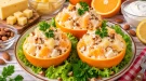 Fruchtiger Käsesalat mit Ananas und Apfelsinen in Apfelsinenschalen.