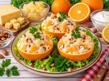 Fruchtiger Käsesalat mit Ananas und Apfelsinen in Apfelsinenschalen.