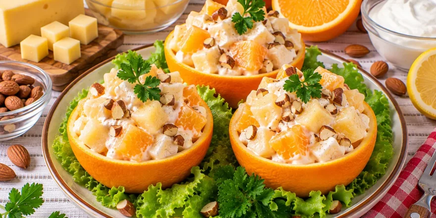 Fruchtiger Käsesalat mit Ananas und Apfelsinen in Apfelsinenschalen.