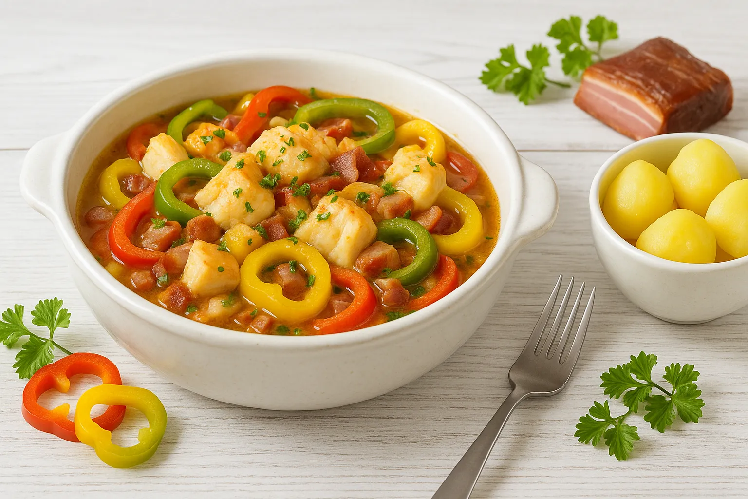 Rustikaler weißer Keramiktopf mit Fisch-Paprika-Topf, bunte Paprikaringe, Speck und Zwiebeln, garniert mit Petersilie auf weißem Holztisch