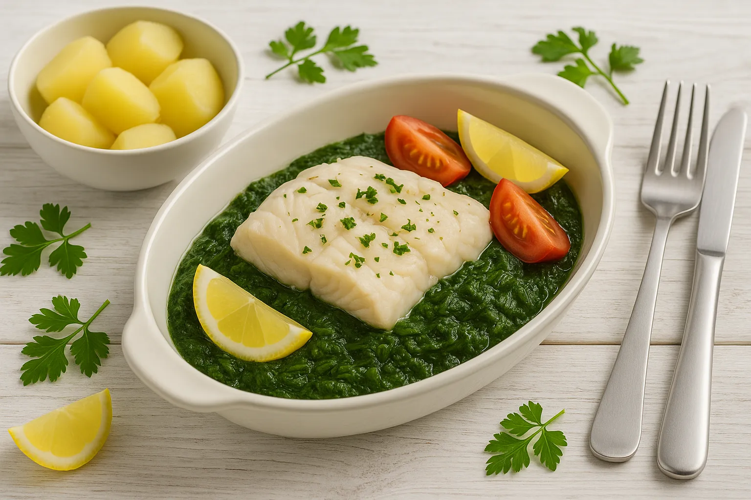 Weißer Teller mit Fischfilet auf Spinat, garniert mit Tomaten- und Zitronenstücken, daneben Salzkartoffeln auf hellem Holztisch