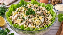 Cremiger Fischsalat mit Pilzen, Kartoffeln und Ei.