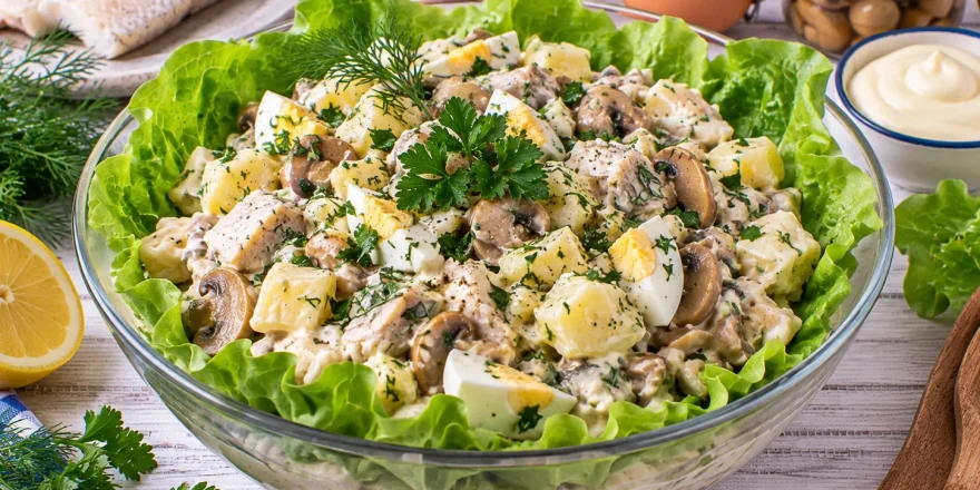 Cremiger Fischsalat mit Pilzen, Kartoffeln und Ei.